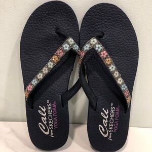 Skechers Navy Flip Flops with Multicolor Floral Beaded Straps